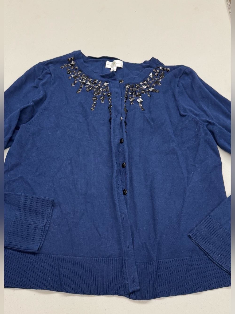 Studio Works Navy Blue Black Embellished Bead Button-Front Cardigan Sweater